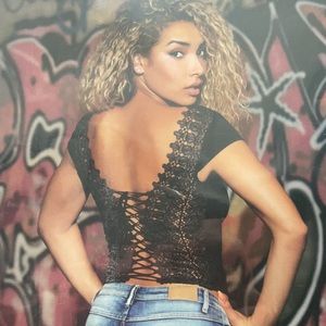 Corset-Style Jersey Top w/Cap Sleeves & Lace Back